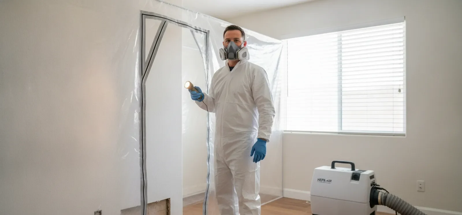 Mold removal technician in PPE working in a Santa Clarita home